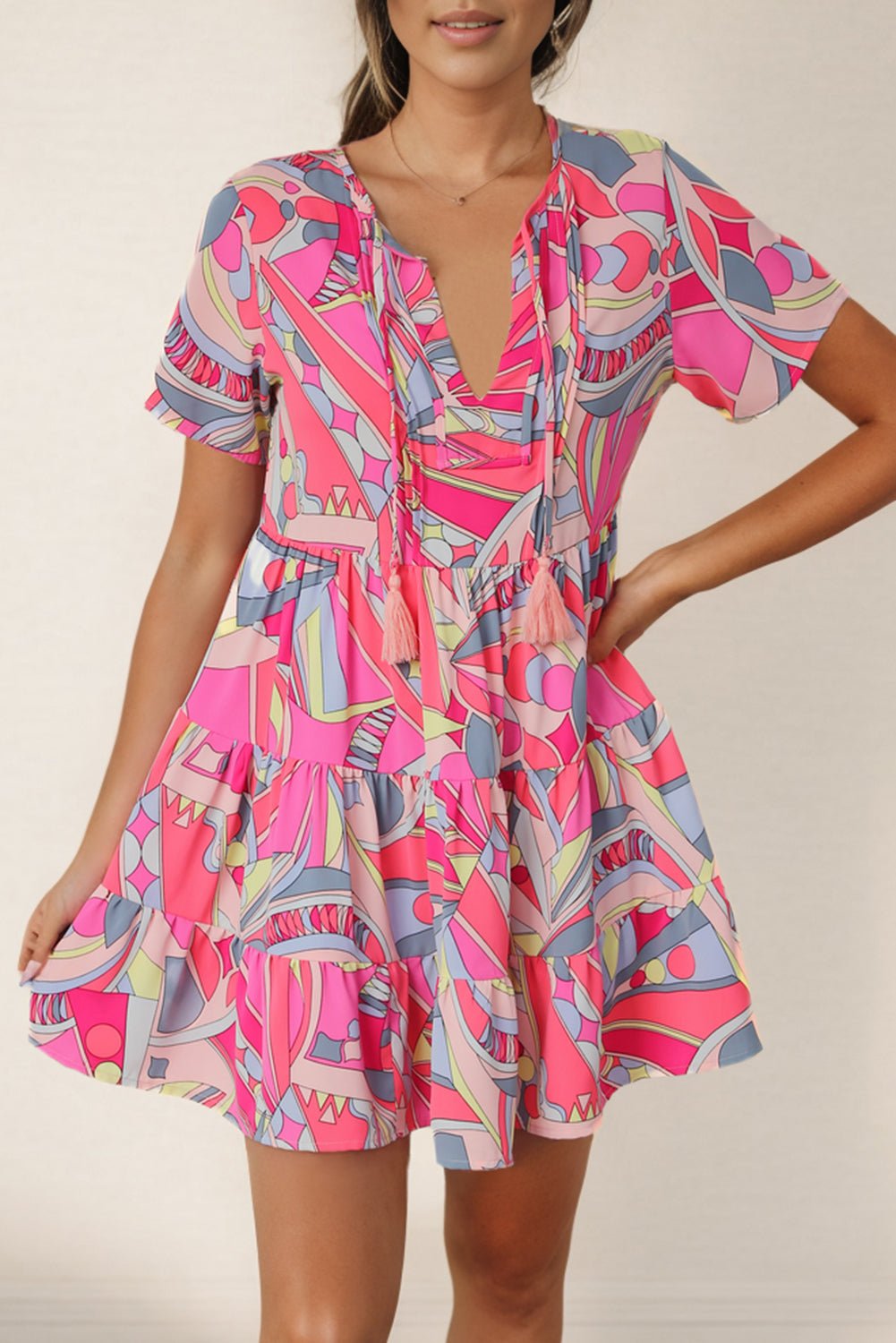 Retro Print Short Sleeve Mini Dress - Quelle's BoutiQue
