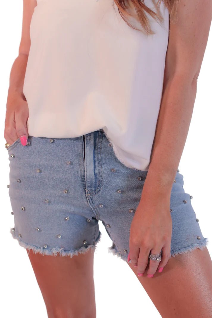 Rhinestone Studded Denim Shorts - Quelle's BoutiQue