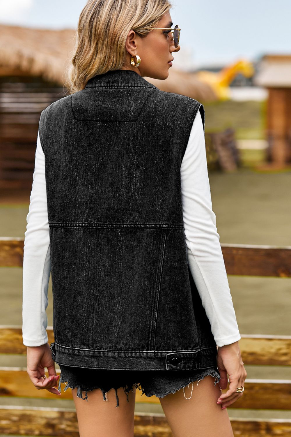 Sleeveless Collared Neck Denim Top with Pockets - Quelle's BoutiQue