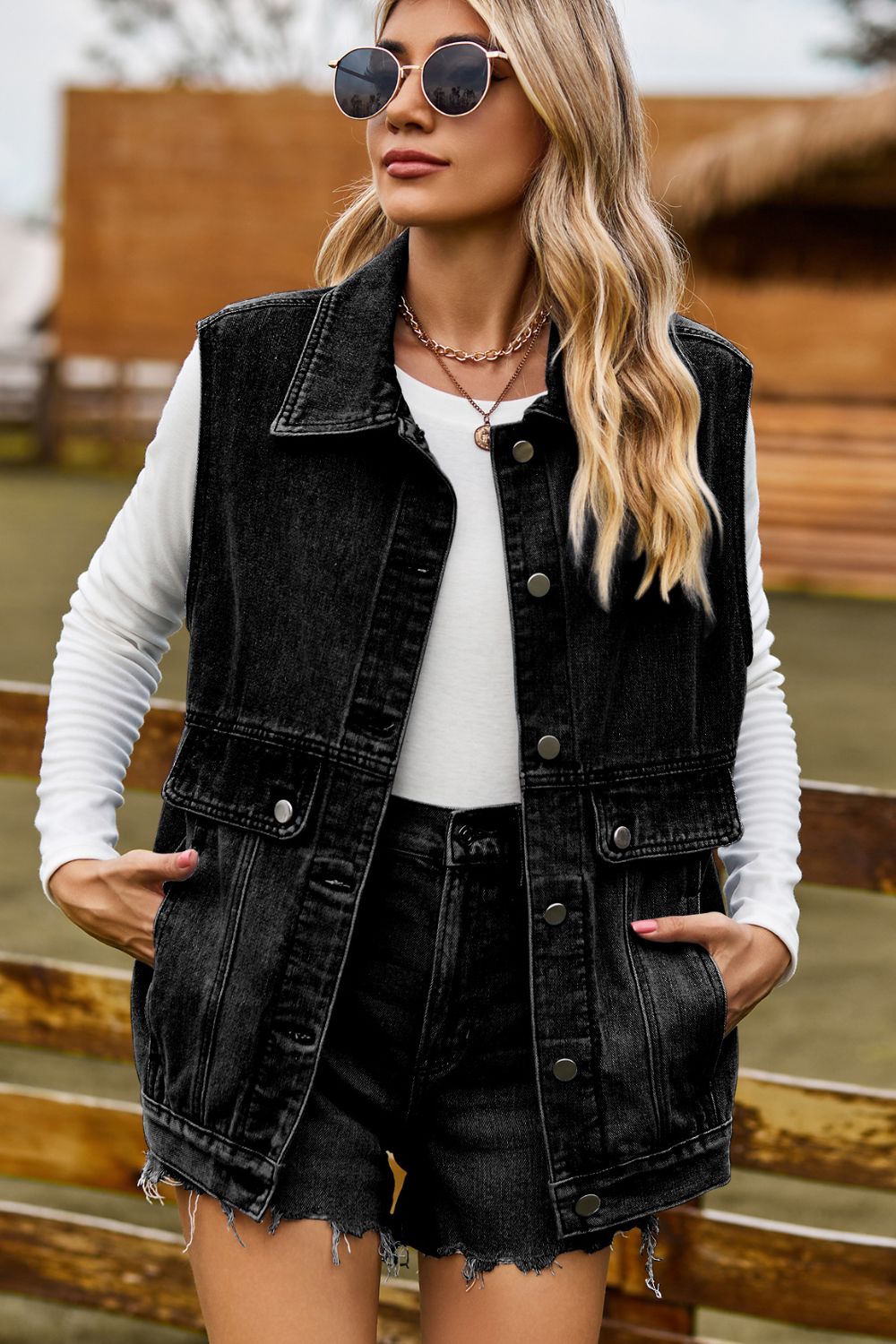 Sleeveless Collared Neck Denim Top with Pockets - Quelle's BoutiQue