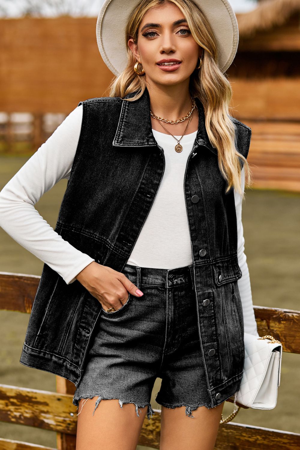 Sleeveless Collared Neck Denim Top with Pockets - Quelle's BoutiQue