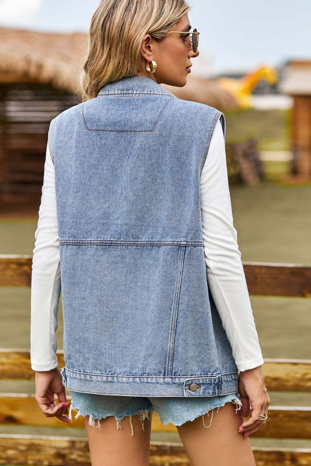 Sleeveless Collared Neck Denim Top with Pockets - Quelle's BoutiQue