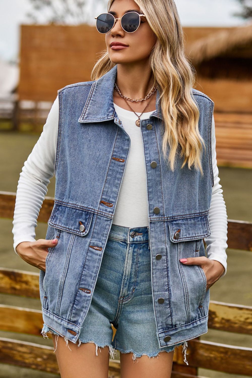 Sleeveless Collared Neck Denim Top with Pockets - Quelle's BoutiQue