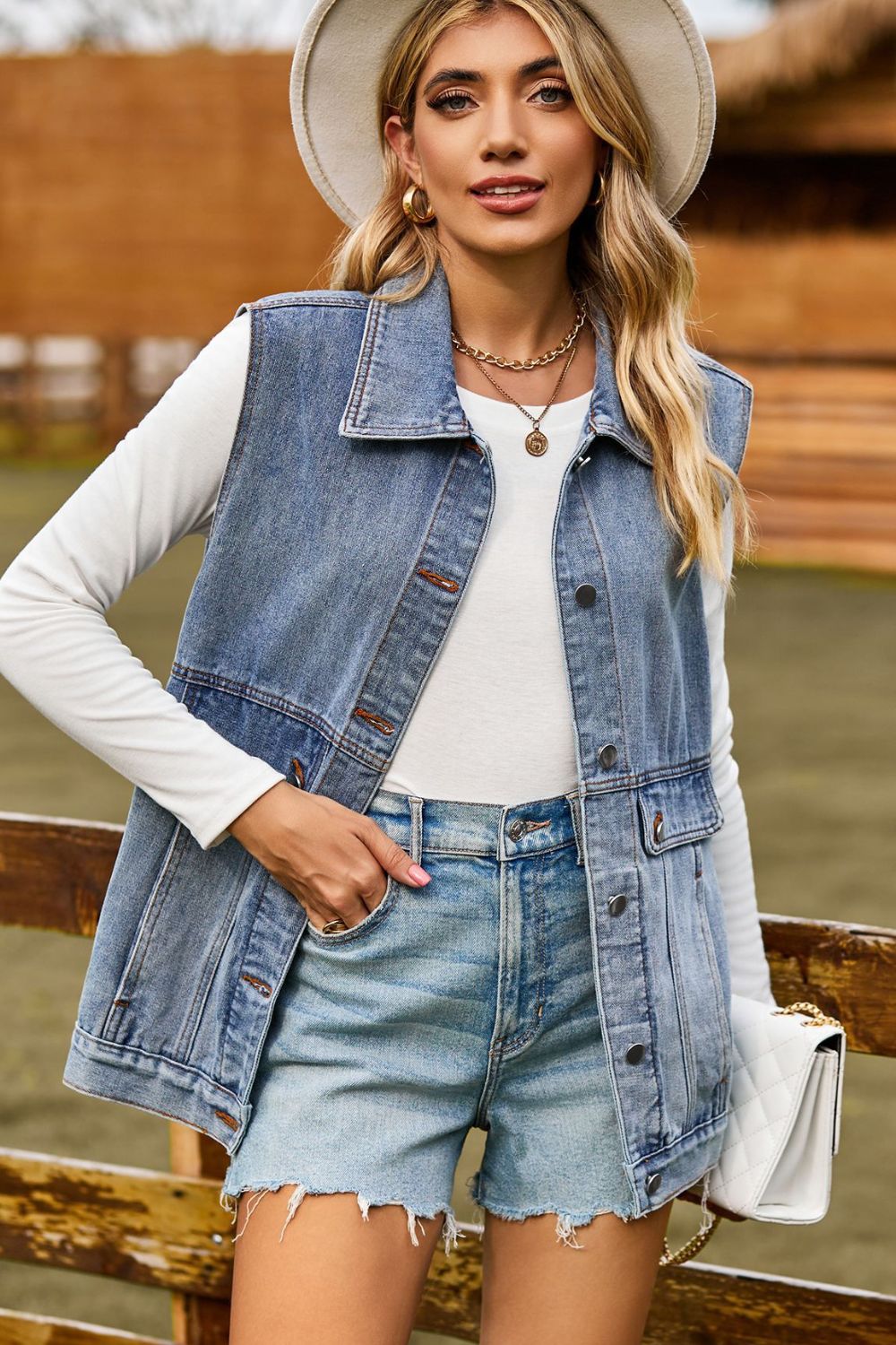 Sleeveless Collared Neck Denim Top with Pockets - Quelle's BoutiQue