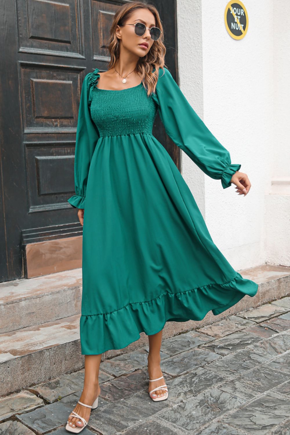 Smocked Ruffle Hem Flounce Sleeve Dress - Quelle's BoutiQue