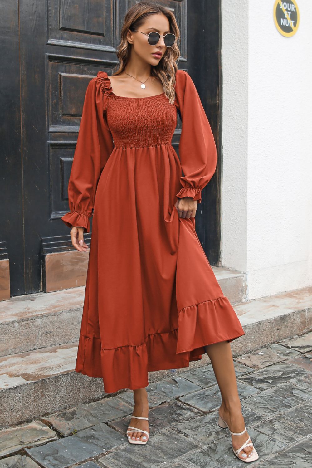 Smocked Ruffle Hem Flounce Sleeve Dress - Quelle's BoutiQue