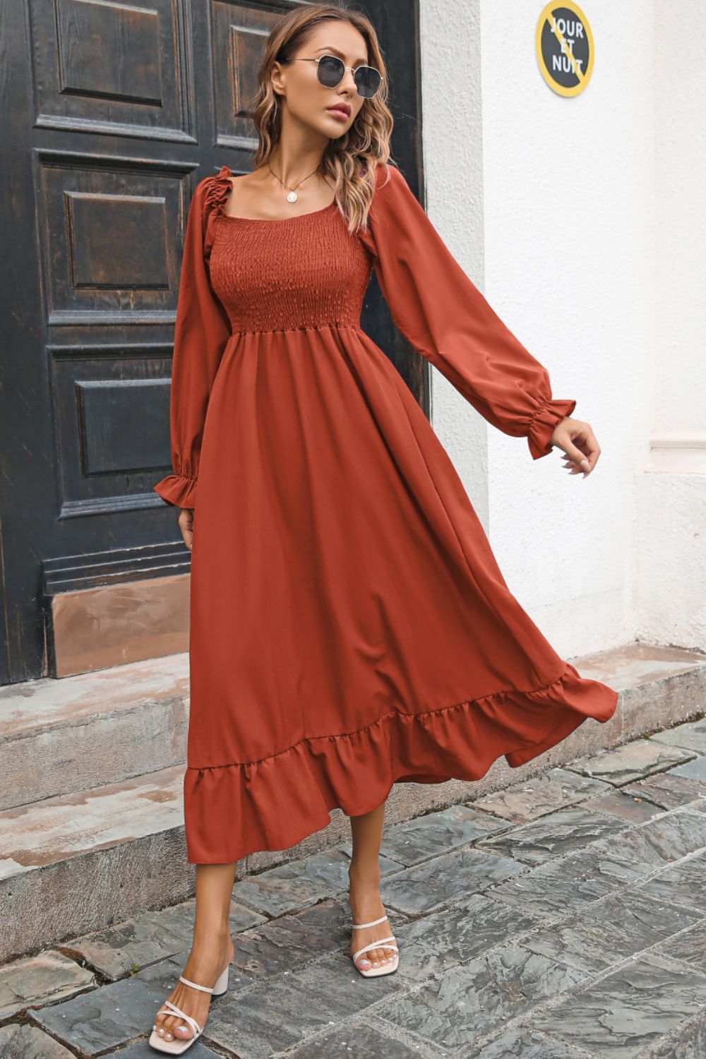 Smocked Ruffle Hem Flounce Sleeve Dress - Quelle's BoutiQue