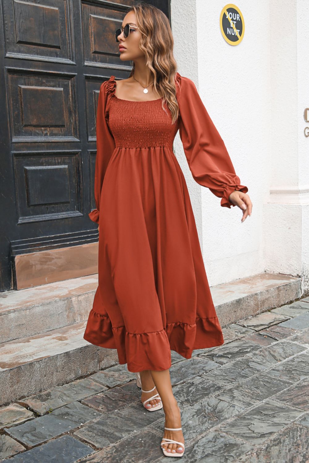 Smocked Ruffle Hem Flounce Sleeve Dress - Quelle's BoutiQue