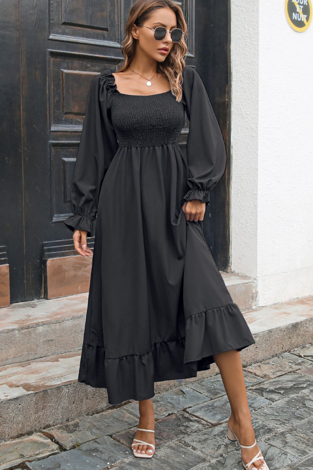 Smocked Ruffle Hem Flounce Sleeve Dress - Quelle's BoutiQue