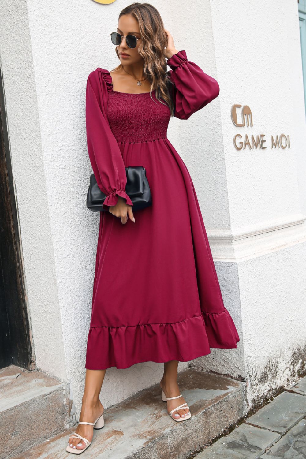 Smocked Ruffle Hem Flounce Sleeve Dress - Quelle's BoutiQue