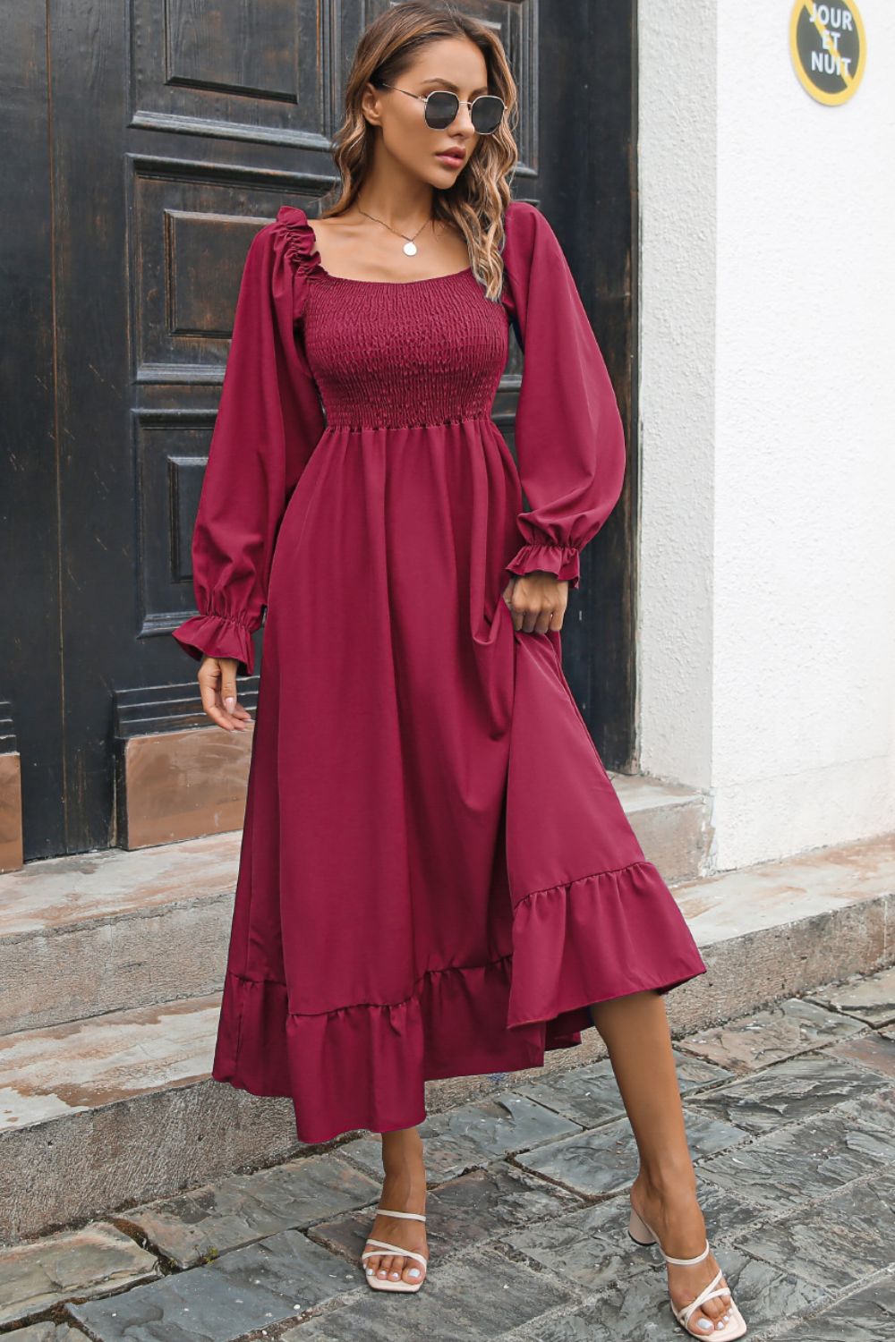 Smocked Ruffle Hem Flounce Sleeve Dress - Quelle's BoutiQue