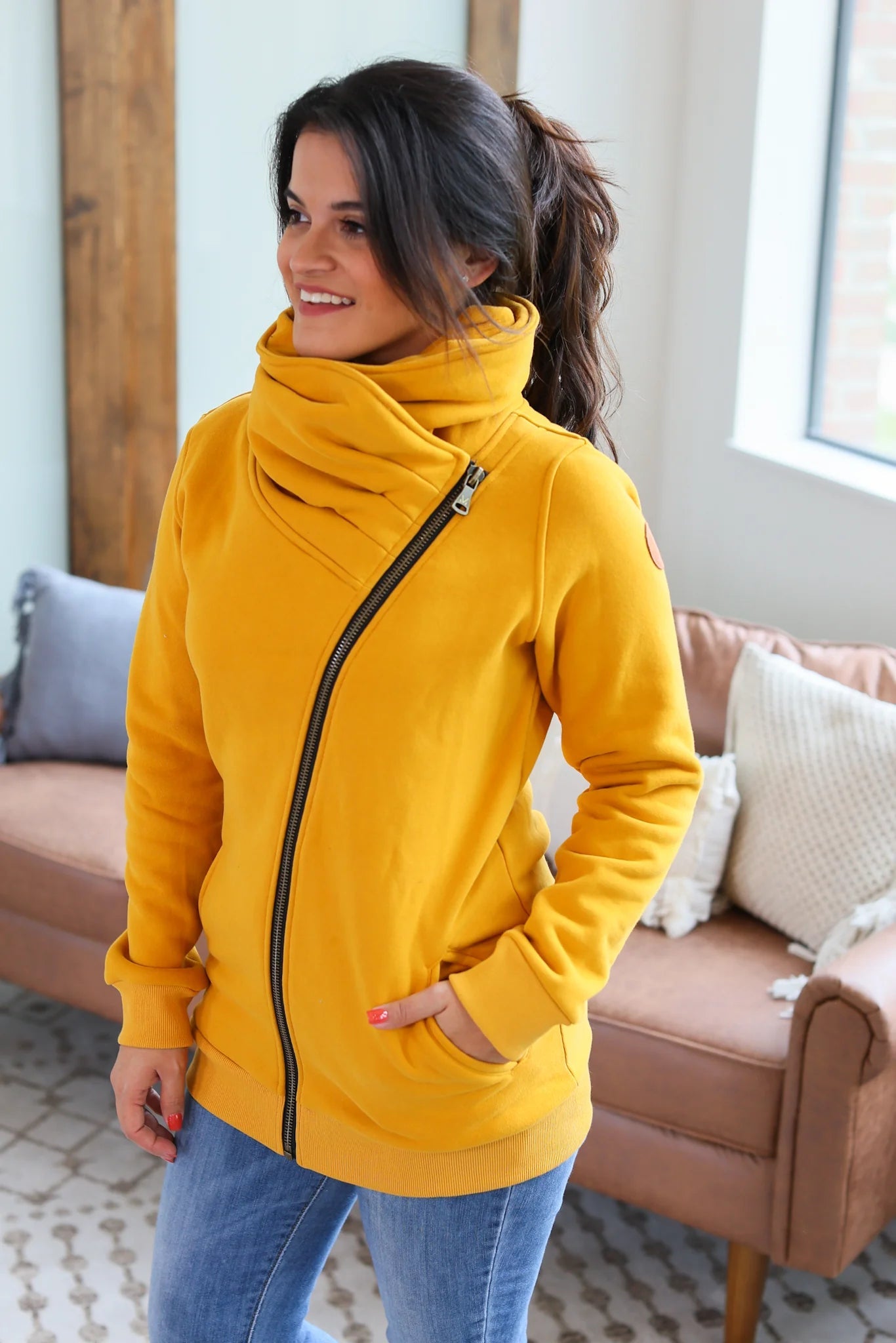 Solid Asymmetrical Full Zip Cowlneck Jacket Quelle s BoutiQue
