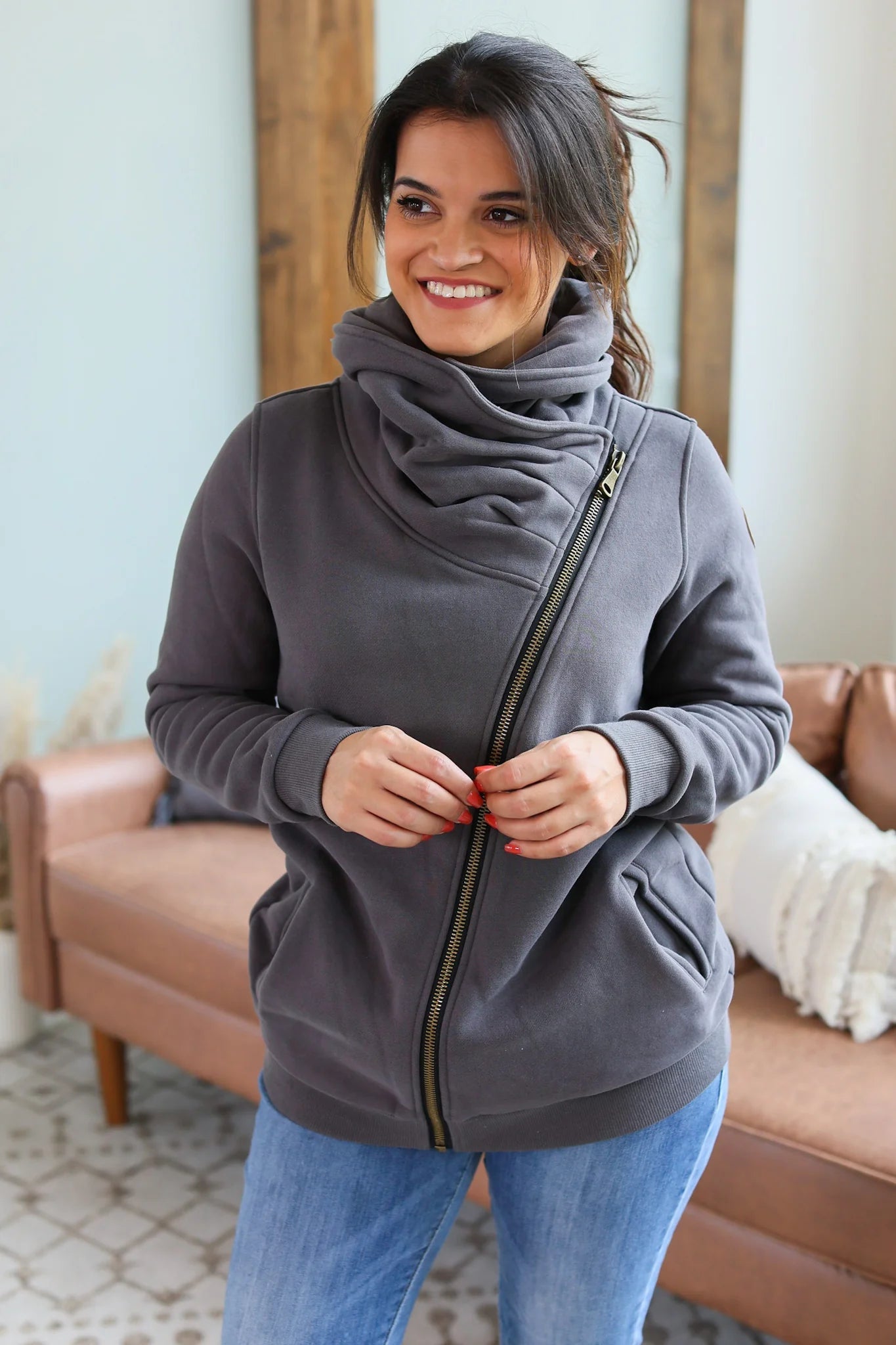 Solid Asymmetrical Full Zip Cowlneck Jacket Quelle s BoutiQue