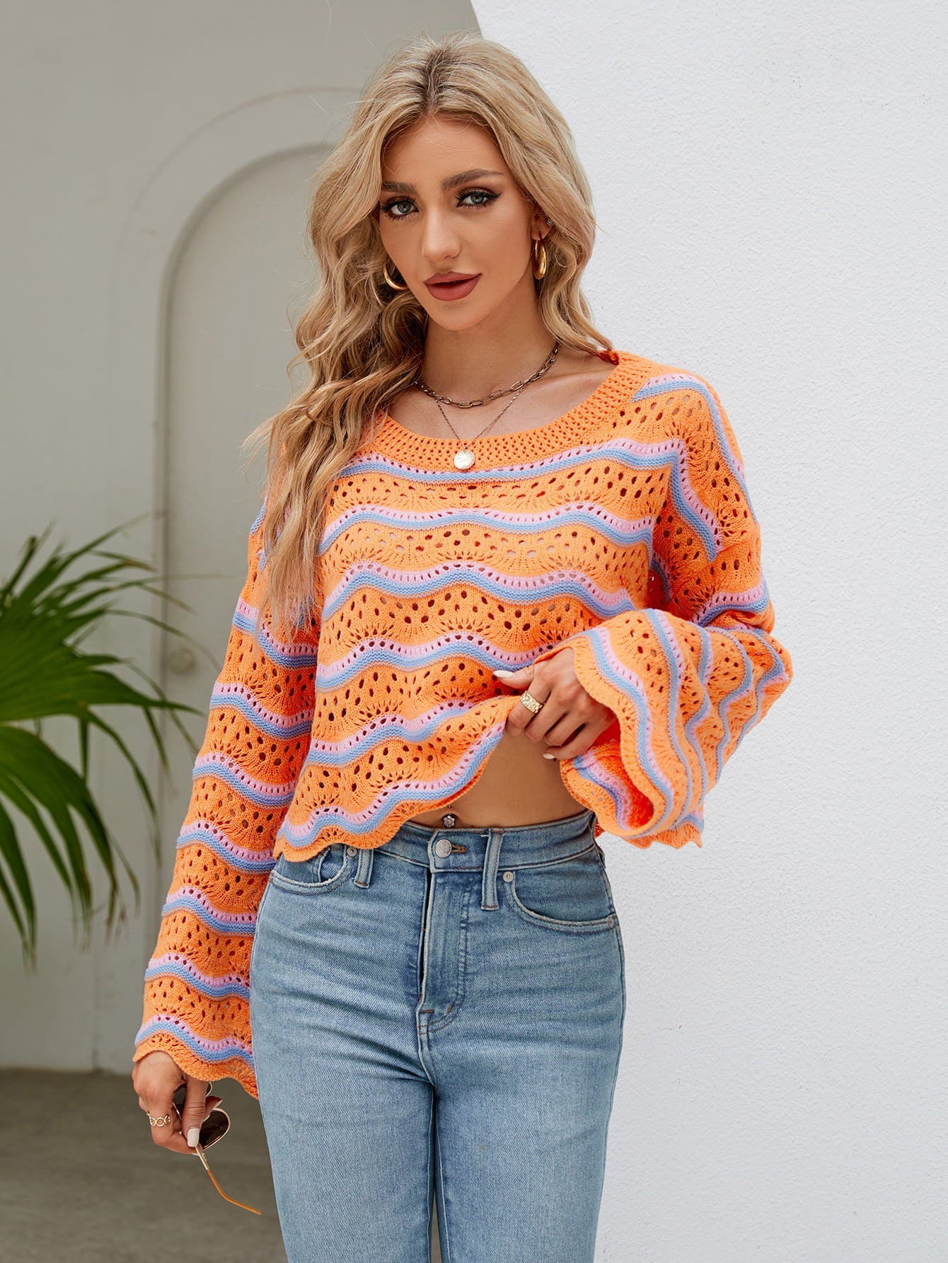 Striped Openwork Flare Sleeve Knit Top - Quelle's BoutiQue
