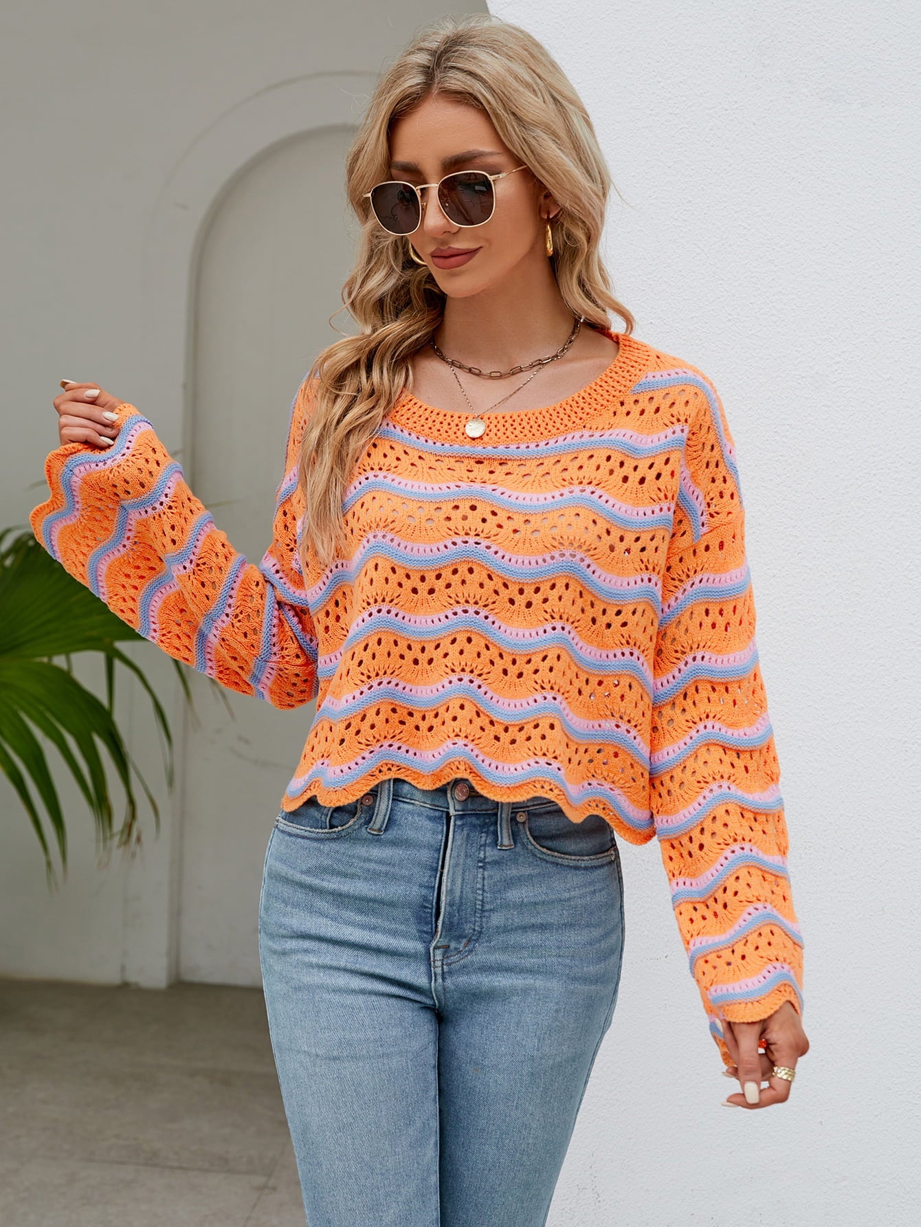 Striped Openwork Flare Sleeve Knit Top - Quelle's BoutiQue