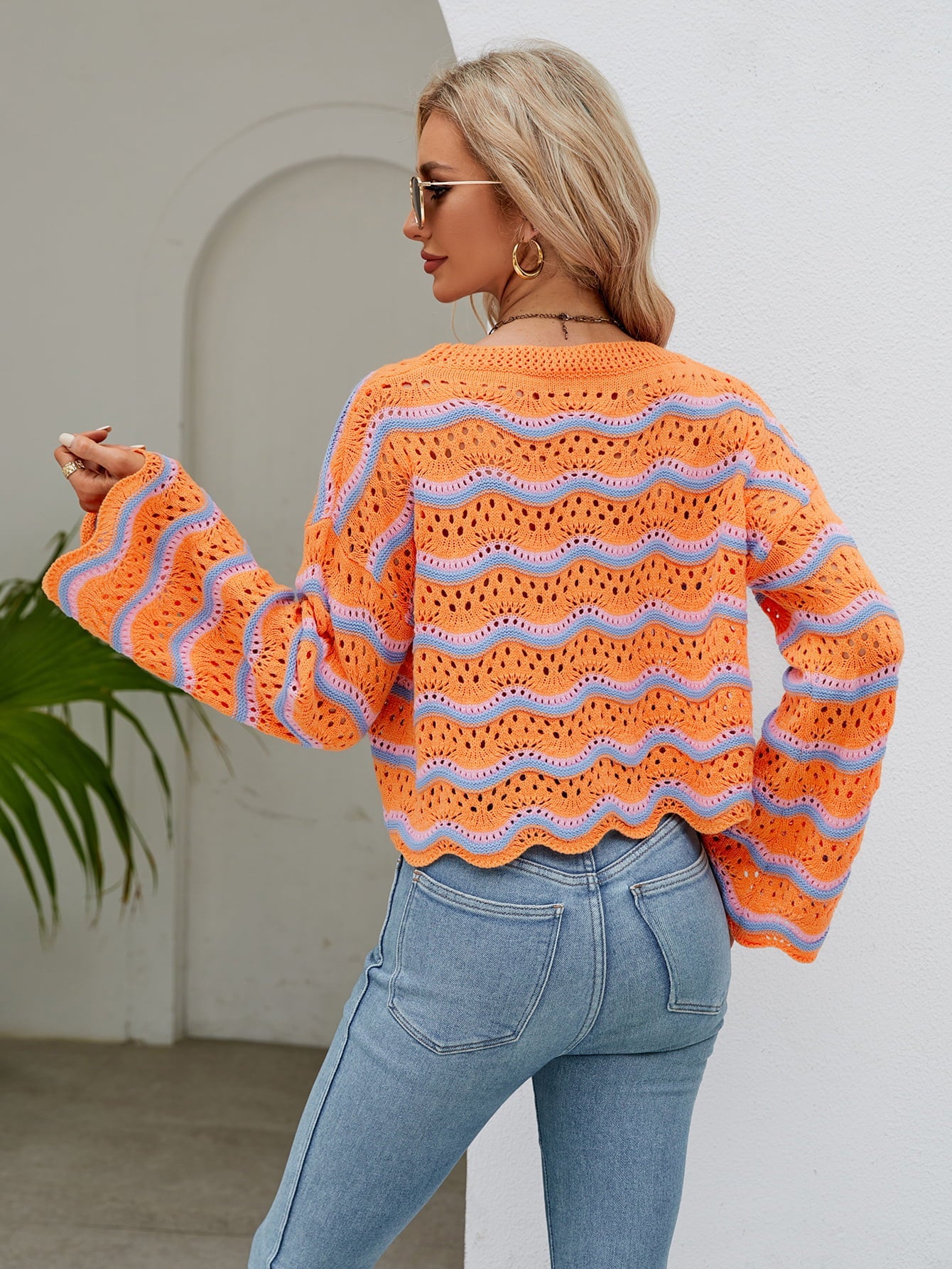Striped Openwork Flare Sleeve Knit Top - Quelle's BoutiQue