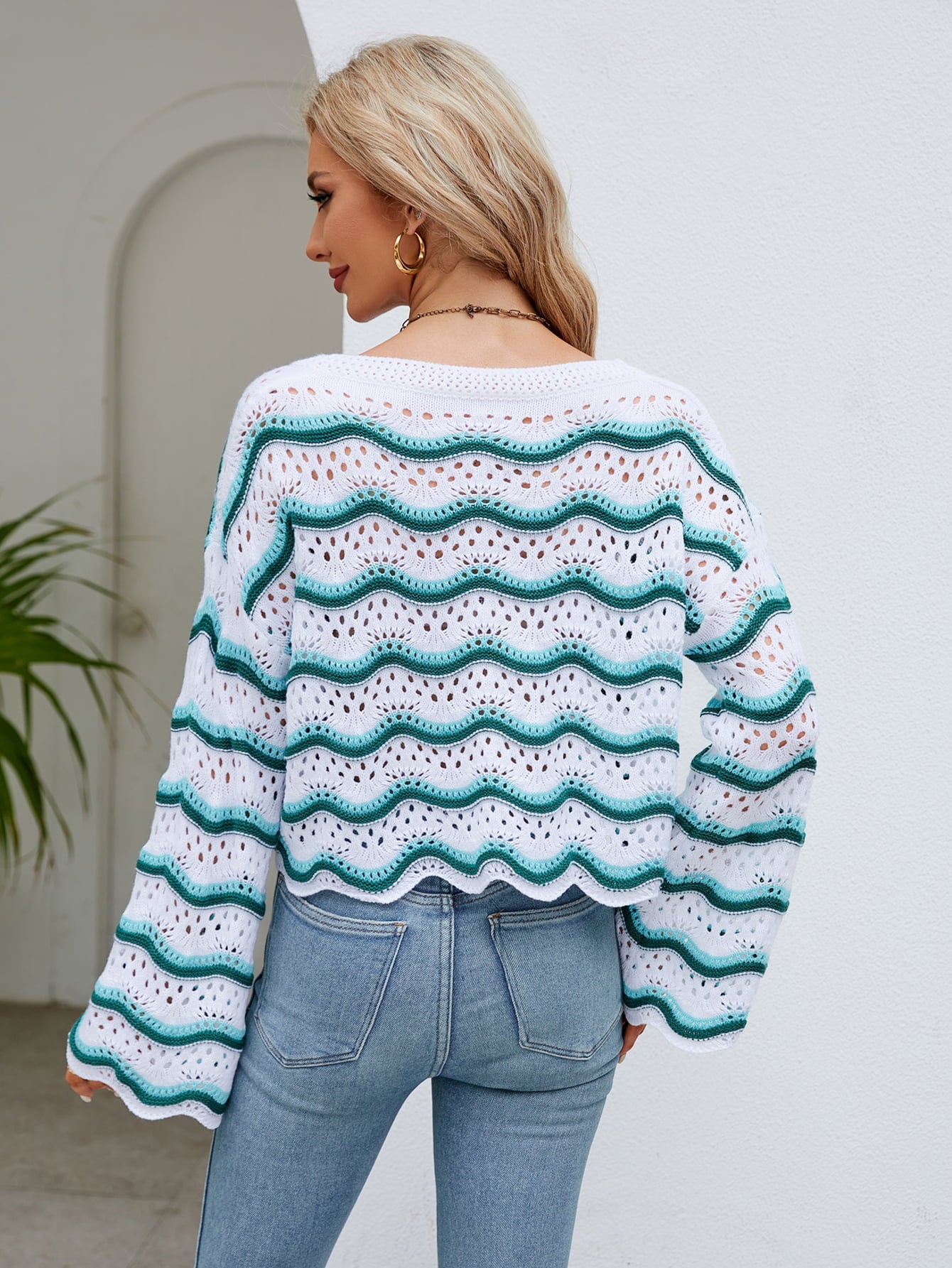 Striped Openwork Flare Sleeve Knit Top - Quelle's BoutiQue