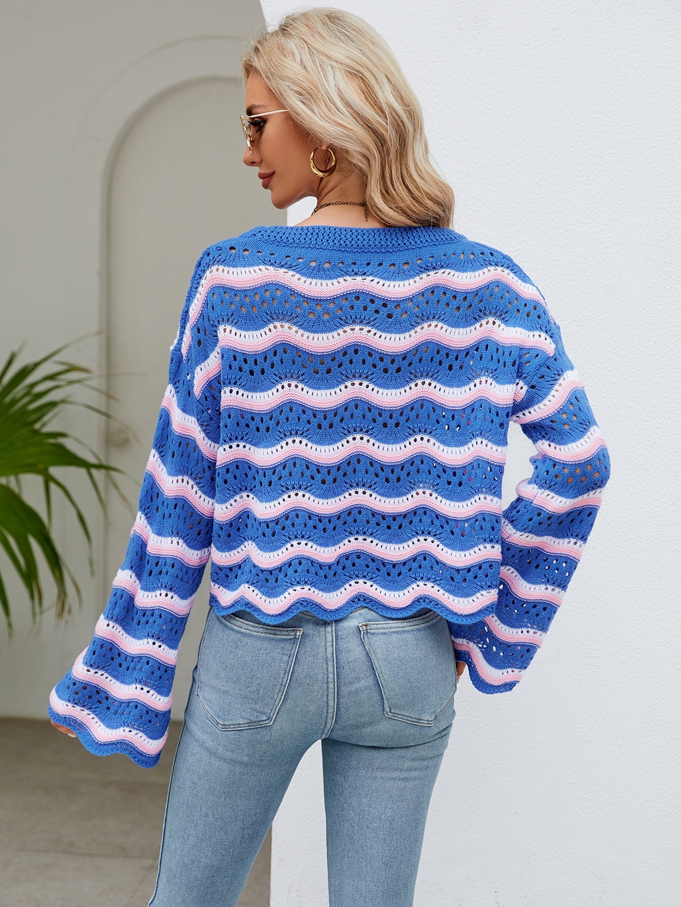 Striped Openwork Flare Sleeve Knit Top - Quelle's BoutiQue