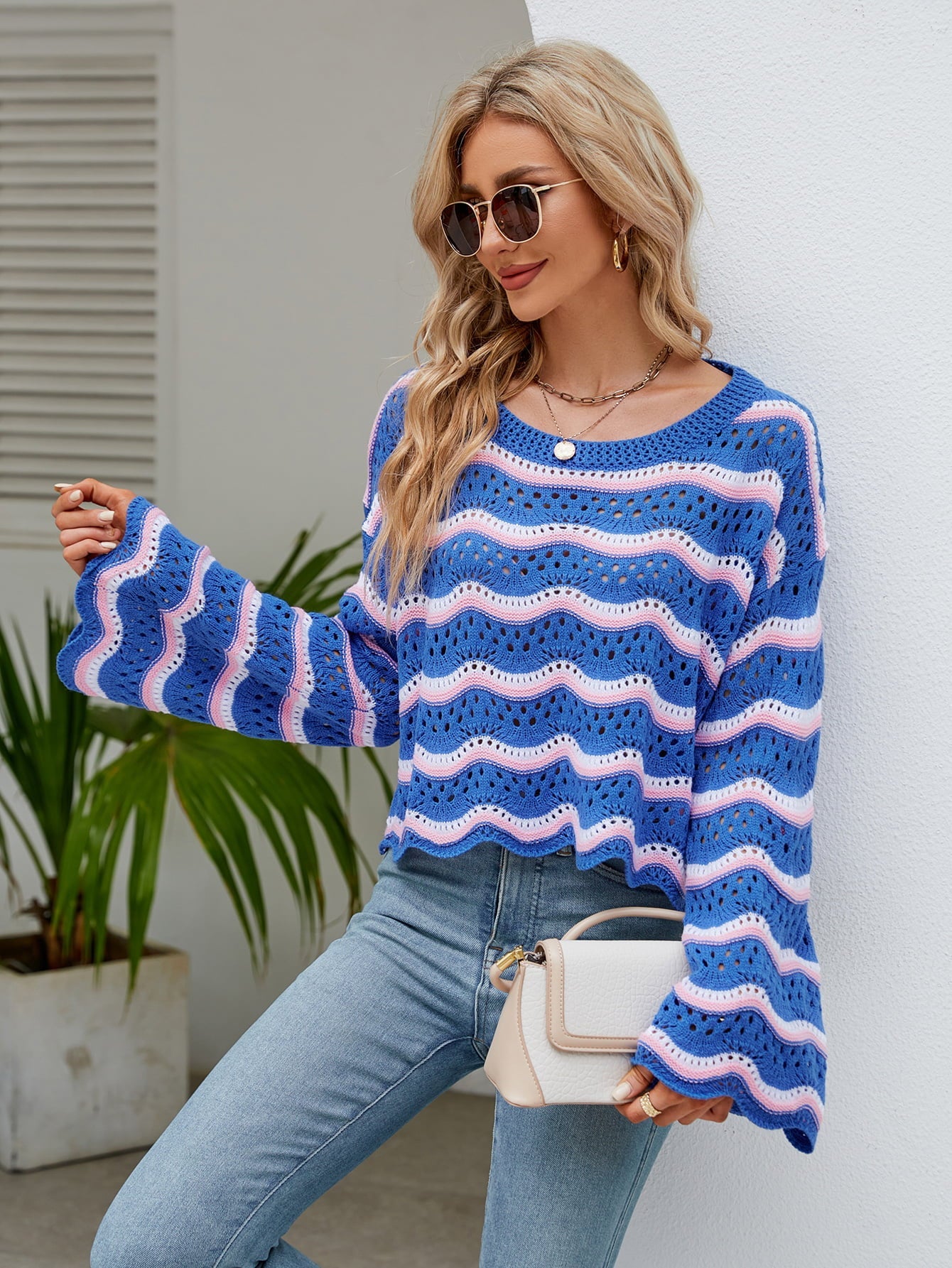 Striped Openwork Flare Sleeve Knit Top - Quelle's BoutiQue