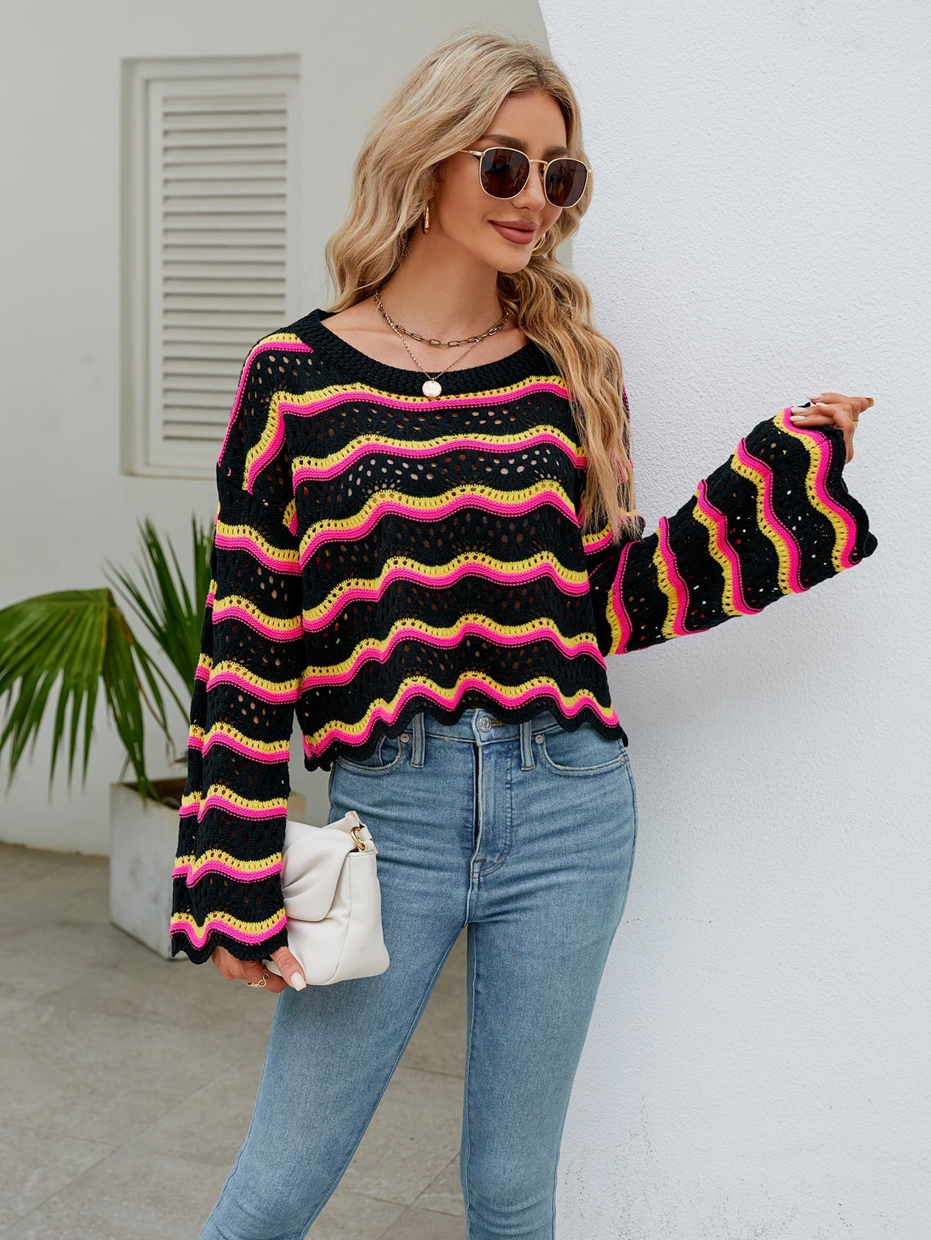 Striped Openwork Flare Sleeve Knit Top - Quelle's BoutiQue