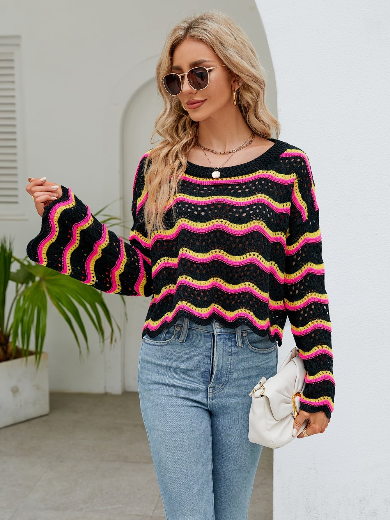Striped Openwork Flare Sleeve Knit Top - Quelle's BoutiQue
