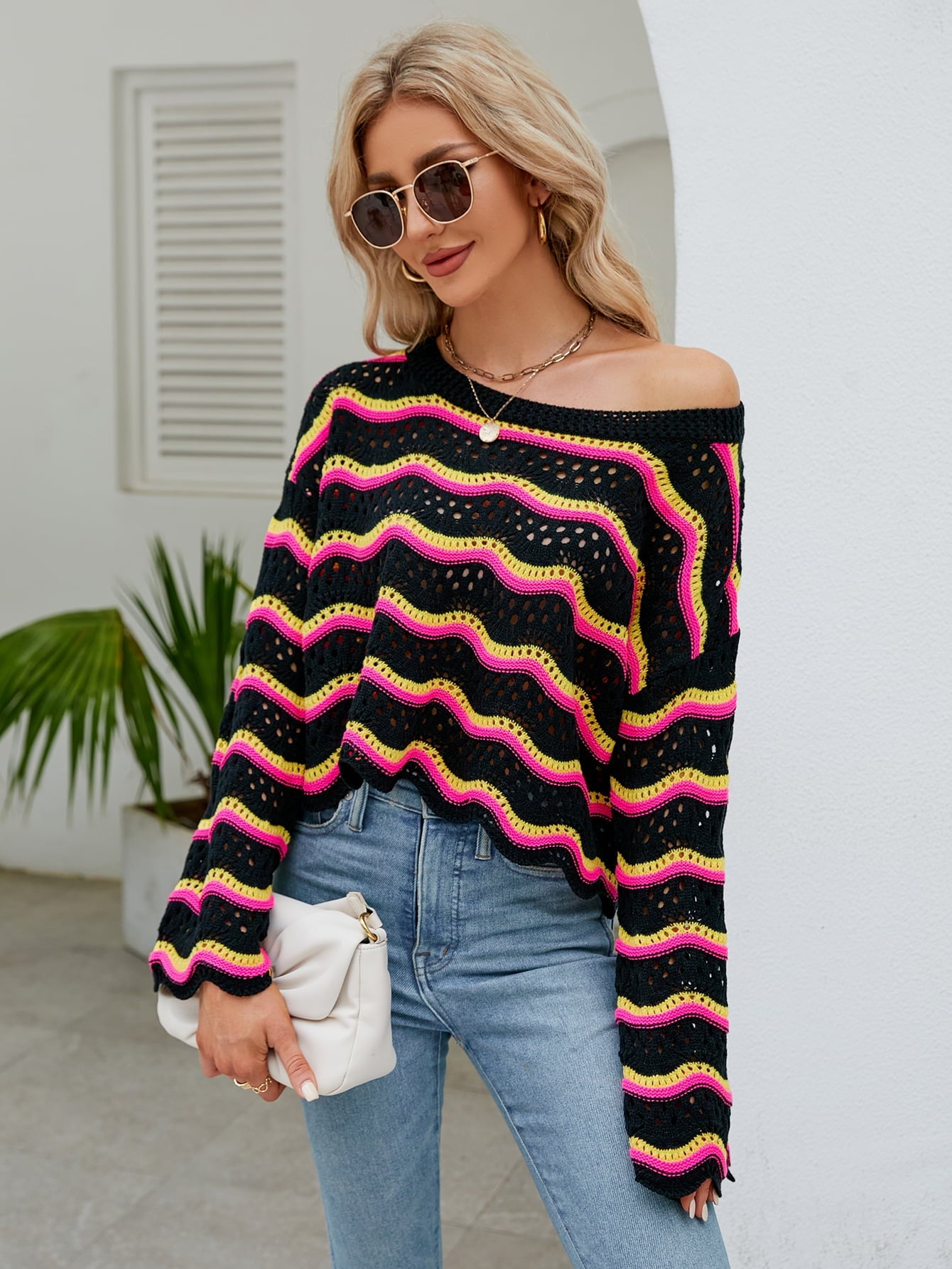Striped Openwork Flare Sleeve Knit Top - Quelle's BoutiQue