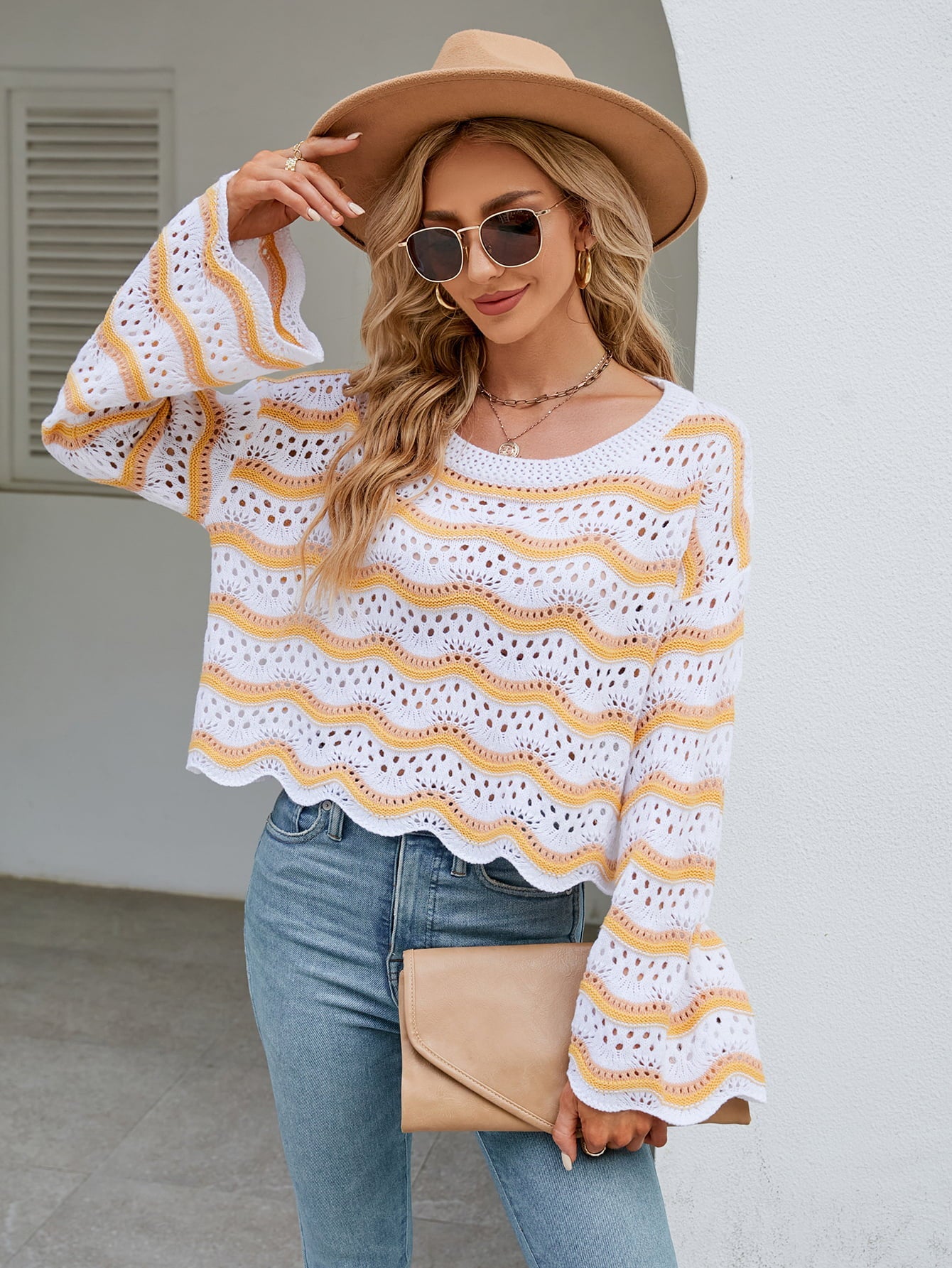 Striped Openwork Flare Sleeve Knit Top - Quelle's BoutiQue