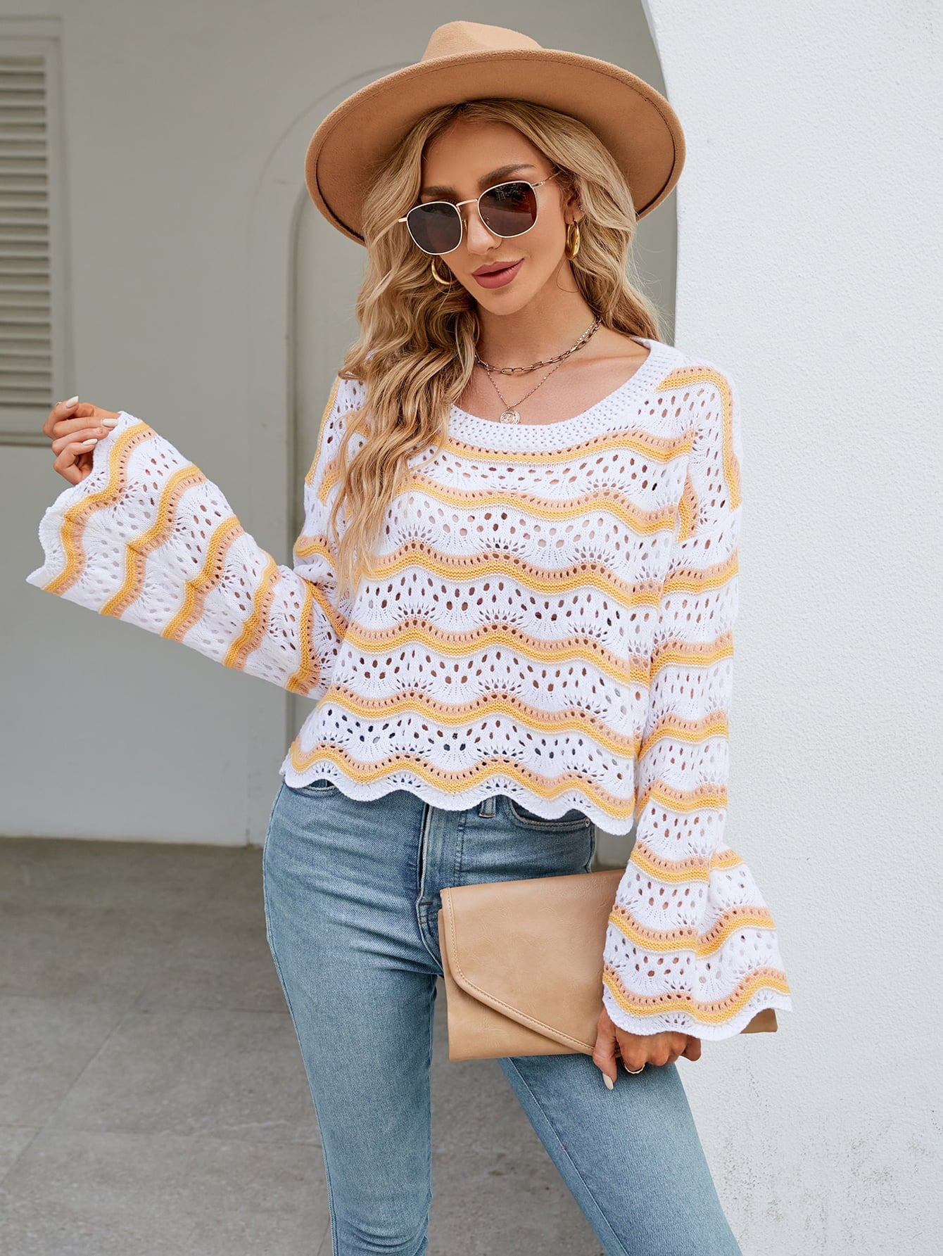 Striped Openwork Flare Sleeve Knit Top - Quelle's BoutiQue