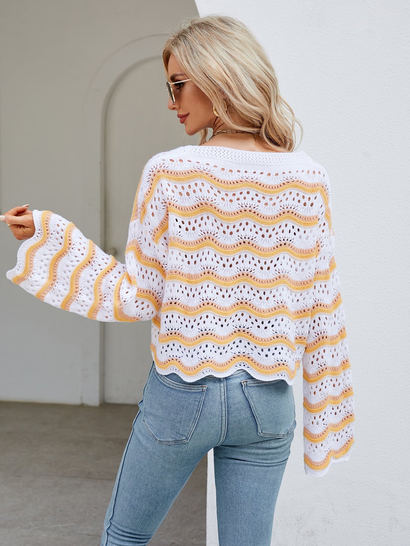 Striped Openwork Flare Sleeve Knit Top - Quelle's BoutiQue