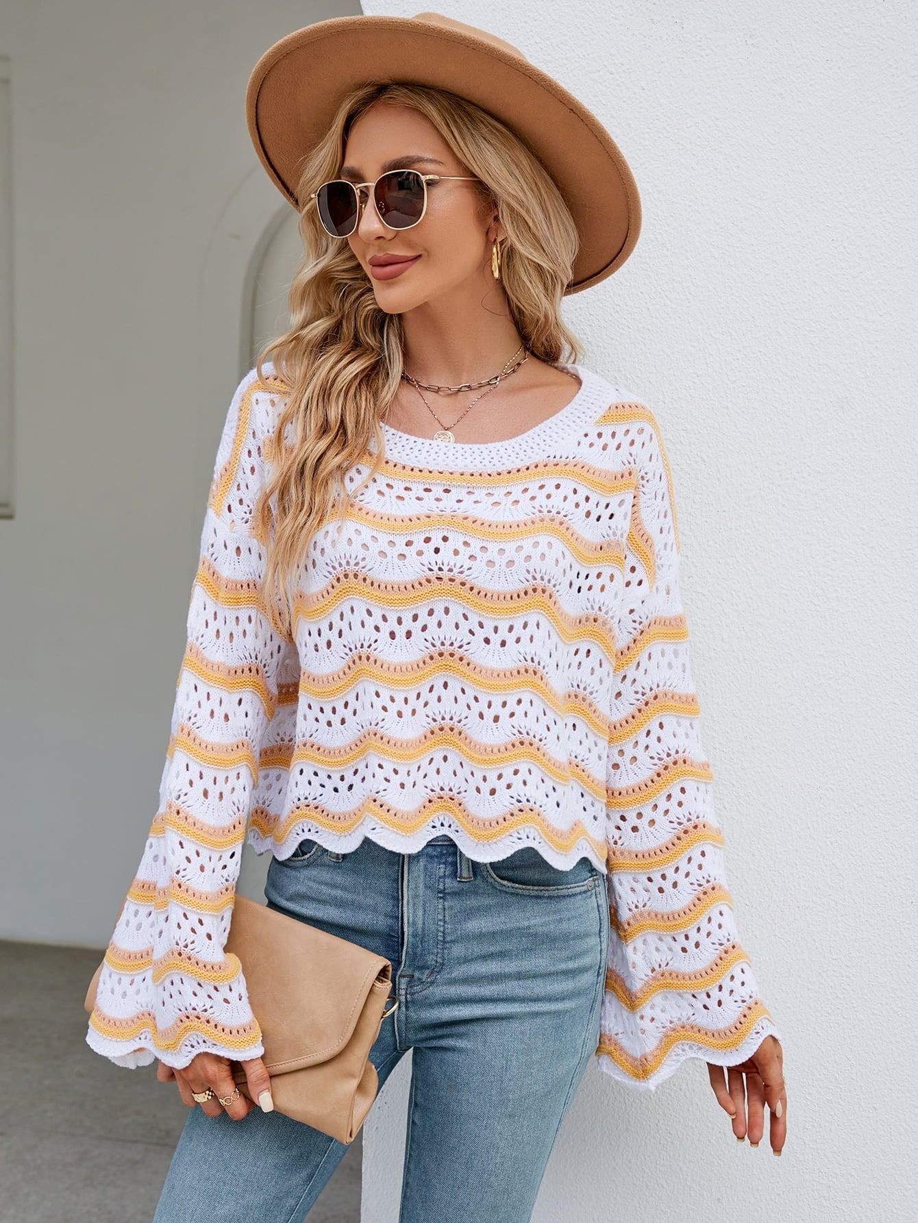Striped Openwork Flare Sleeve Knit Top - Quelle's BoutiQue