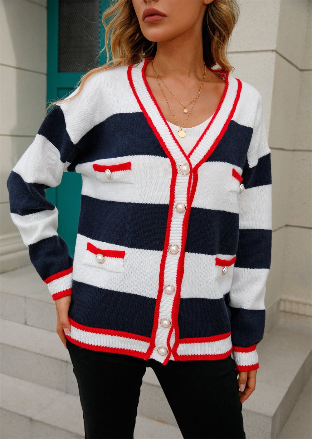 Striped V-Neck Long Sleeve Cardigan - Quelle's BoutiQue