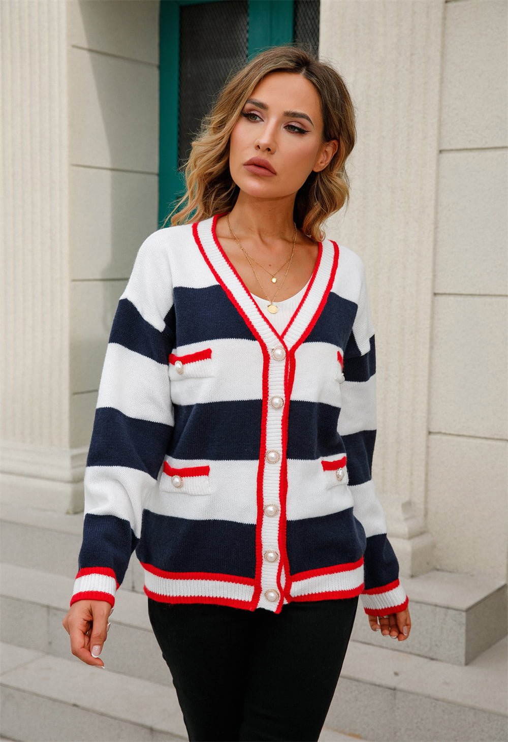 Striped V-Neck Long Sleeve Cardigan - Quelle's BoutiQue