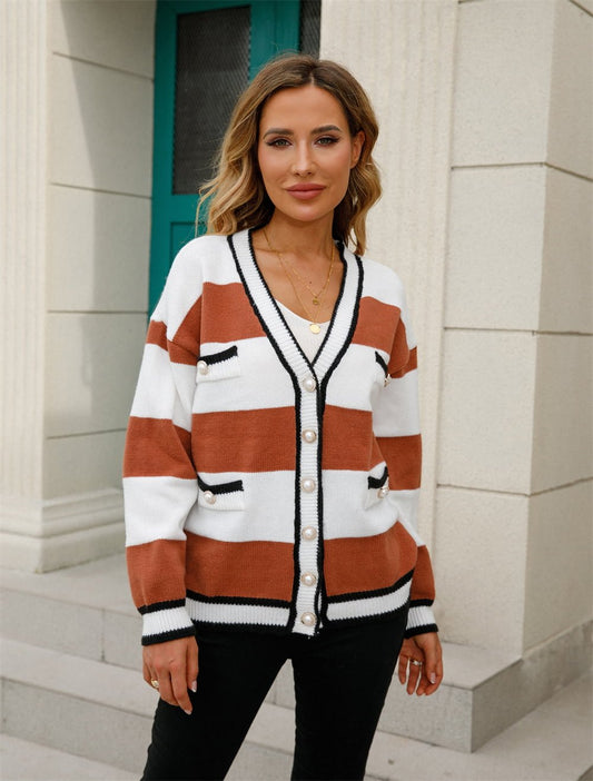 Striped V-Neck Long Sleeve Cardigan - Quelle's BoutiQue