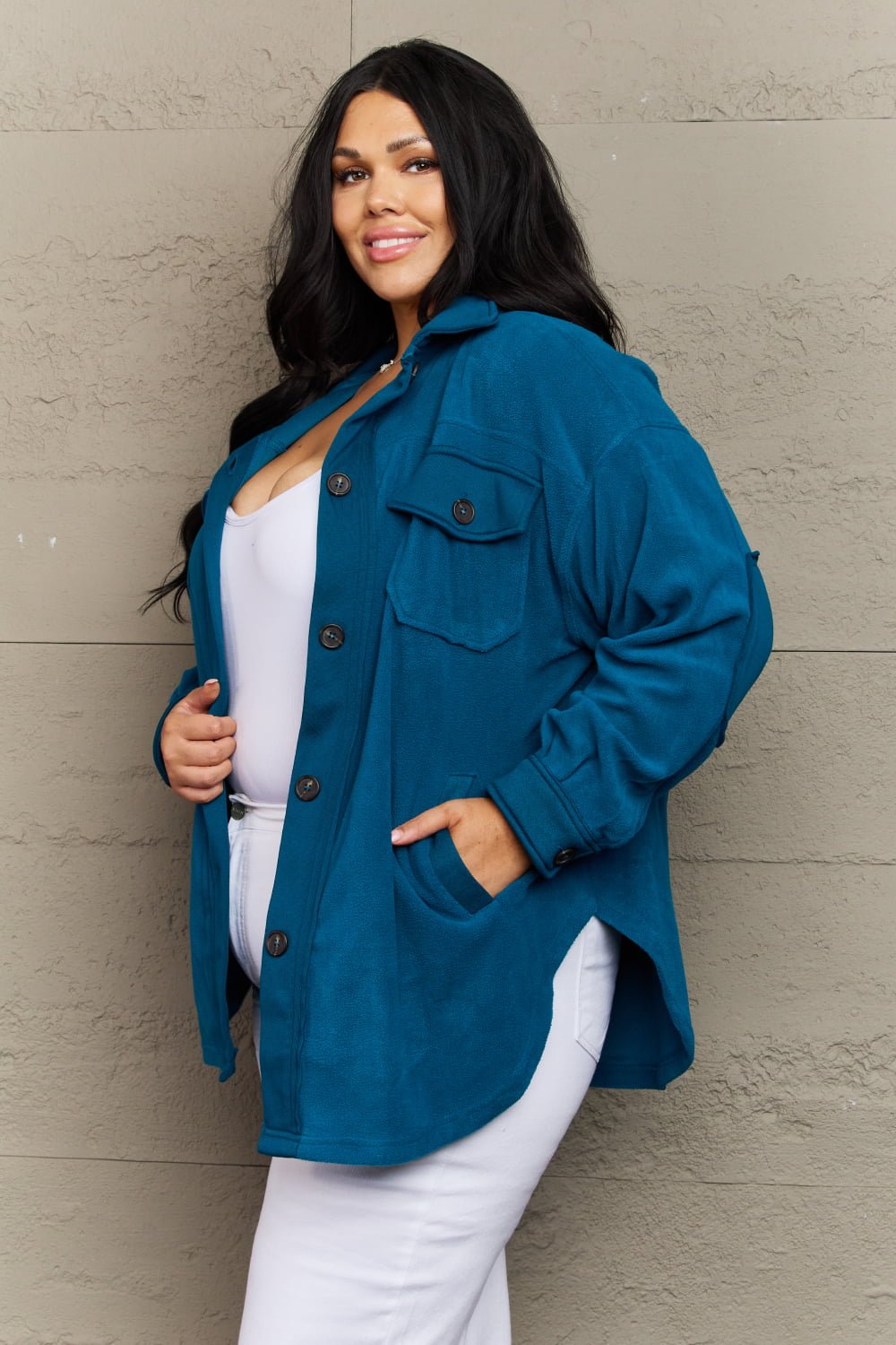 Teal Elbow Patch Fleece Jacket - Quelle's BoutiQue