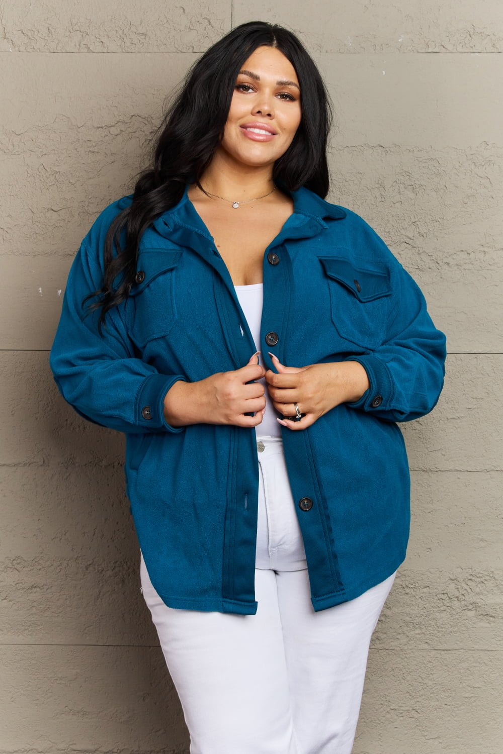 Teal Elbow Patch Fleece Jacket - Quelle's BoutiQue