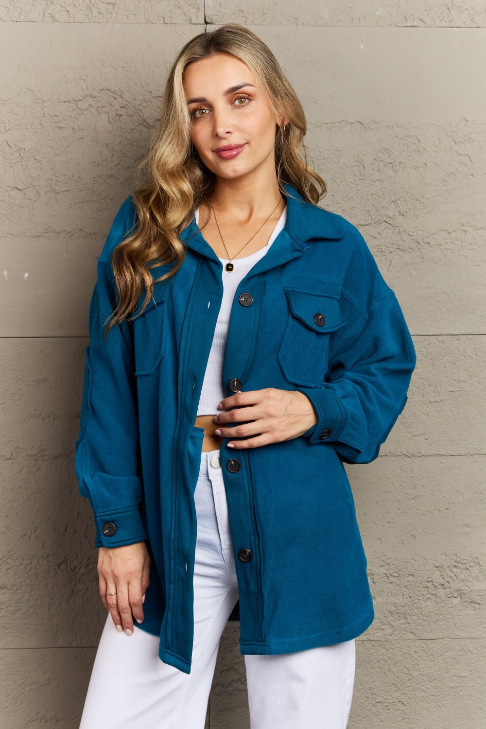 Teal Elbow Patch Fleece Jacket - Quelle's BoutiQue