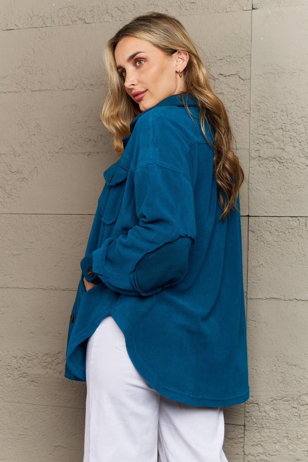 Teal Elbow Patch Fleece Jacket - Quelle's BoutiQue