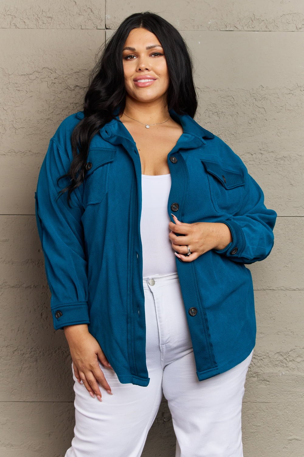 Teal Elbow Patch Fleece Jacket - Quelle's BoutiQue