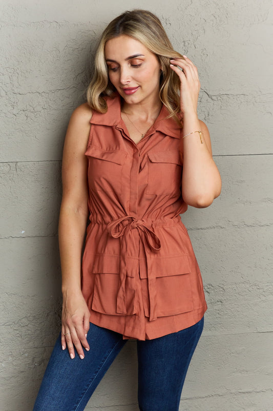 Terracotta Sleeveless Collared Button Down Top - Quelle's BoutiQue