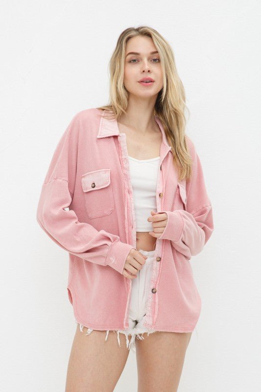 Textured Knit Shirt Jacket - Quelle's BoutiQue
