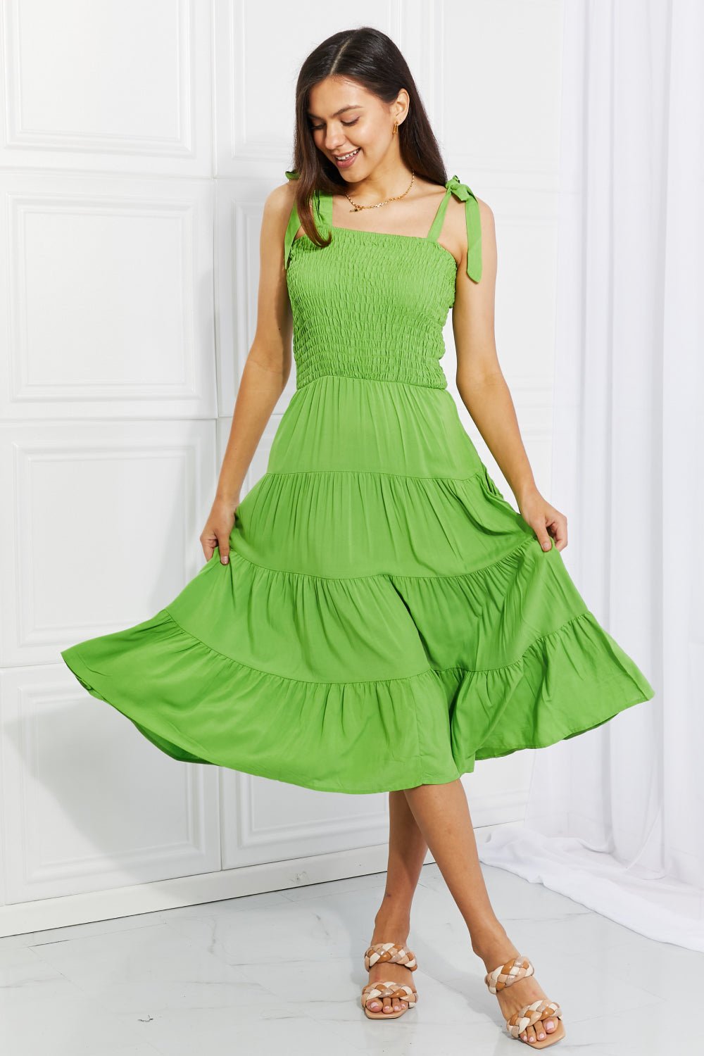 Tie-Shoulder Smocked Tiered Dress - Quelle's BoutiQue