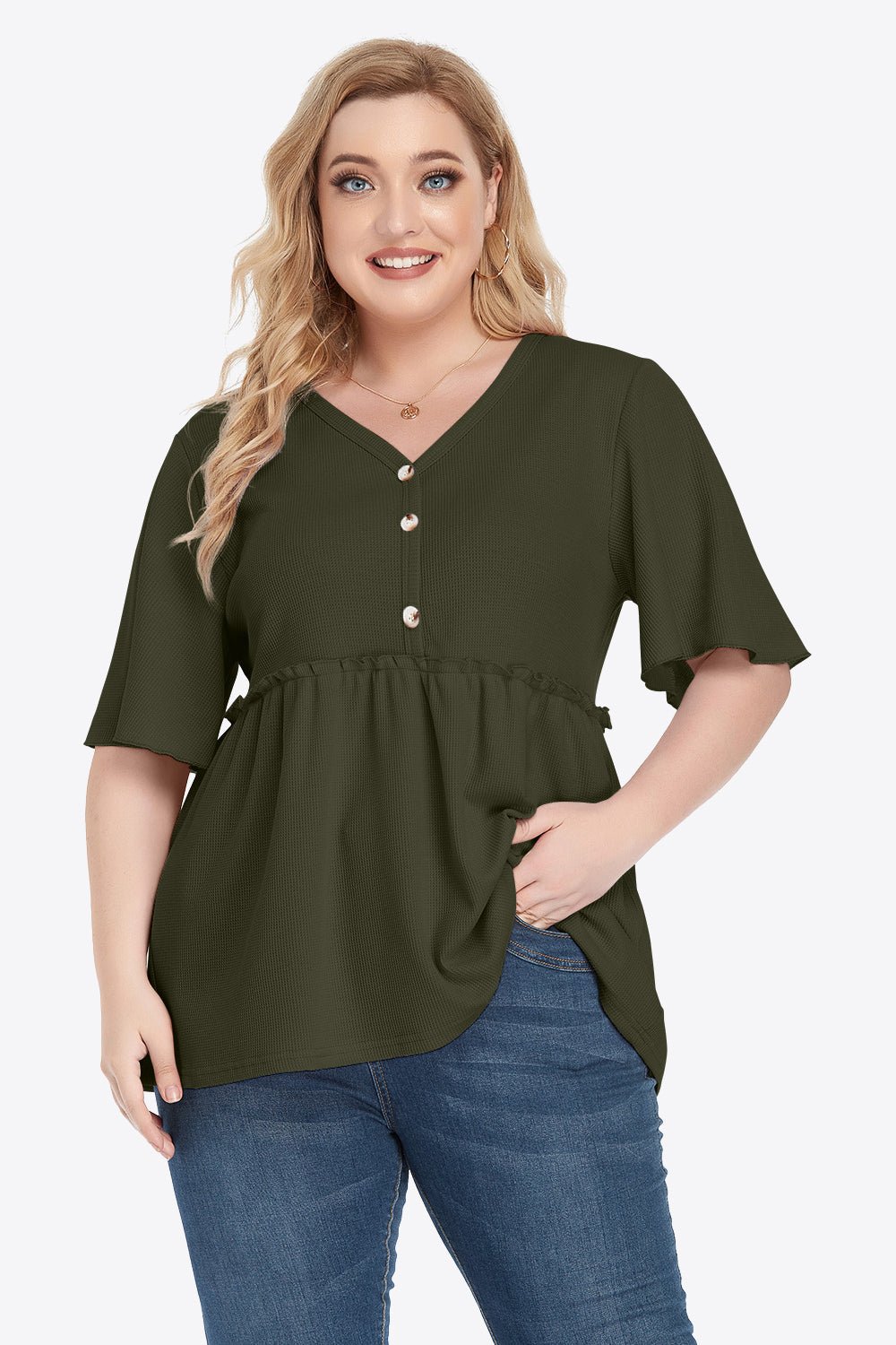 V-Neck Frill Trim Babydoll Blouse - Quelle's BoutiQue