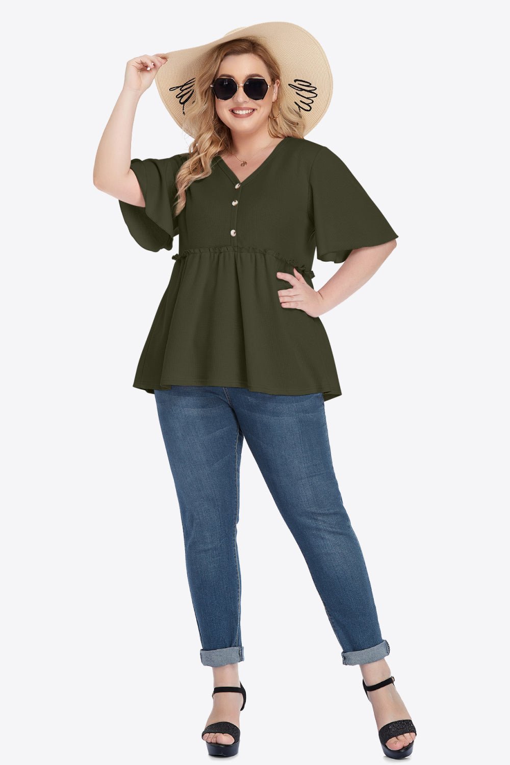 V-Neck Frill Trim Babydoll Blouse - Quelle's BoutiQue