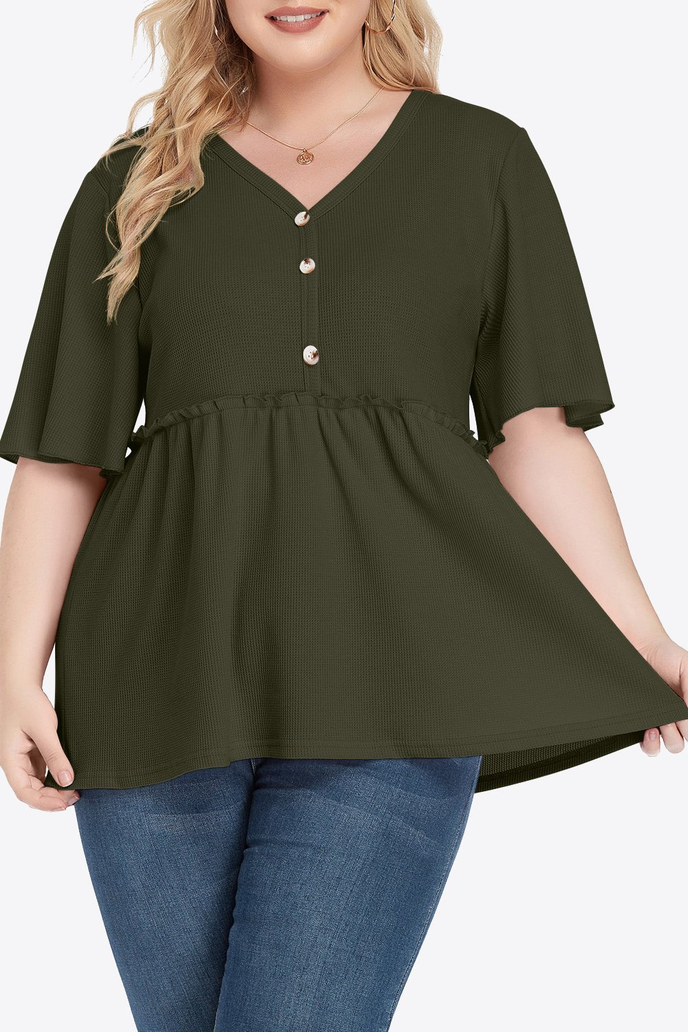 V-Neck Frill Trim Babydoll Blouse - Quelle's BoutiQue