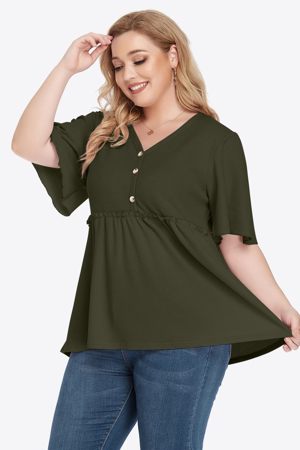 V-Neck Frill Trim Babydoll Blouse - Quelle's BoutiQue