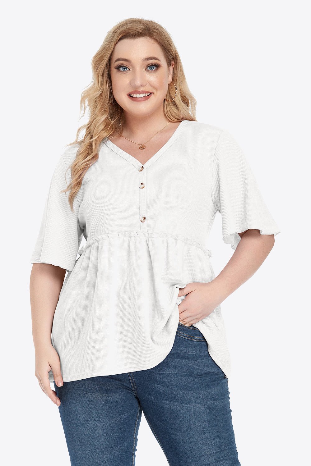 V-Neck Frill Trim Babydoll Blouse - Quelle's BoutiQue