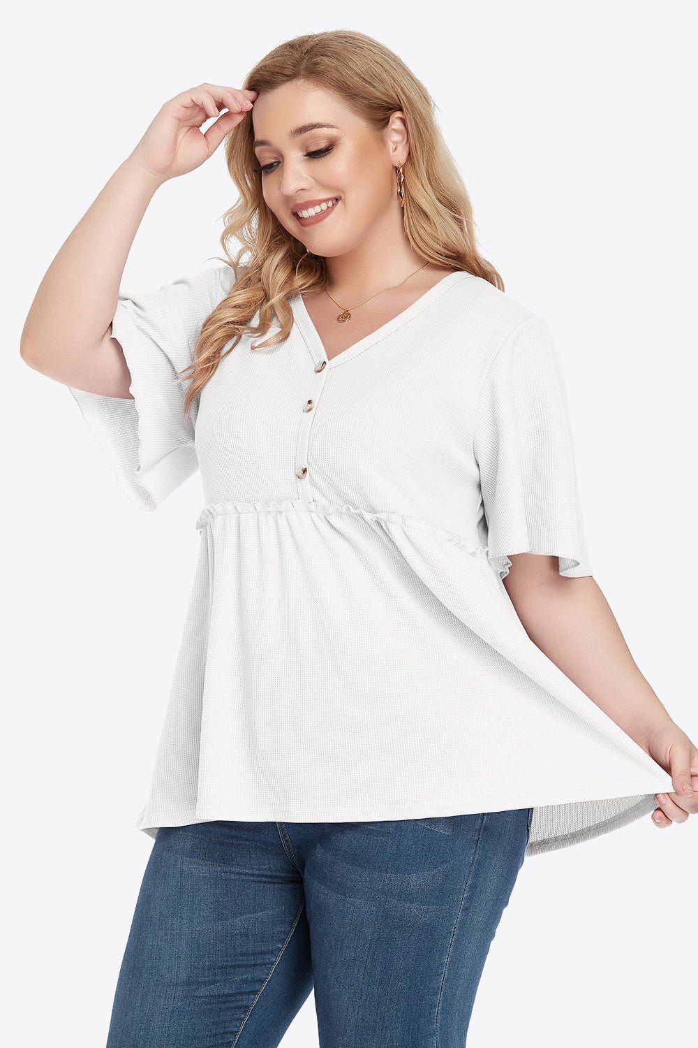V-Neck Frill Trim Babydoll Blouse - Quelle's BoutiQue
