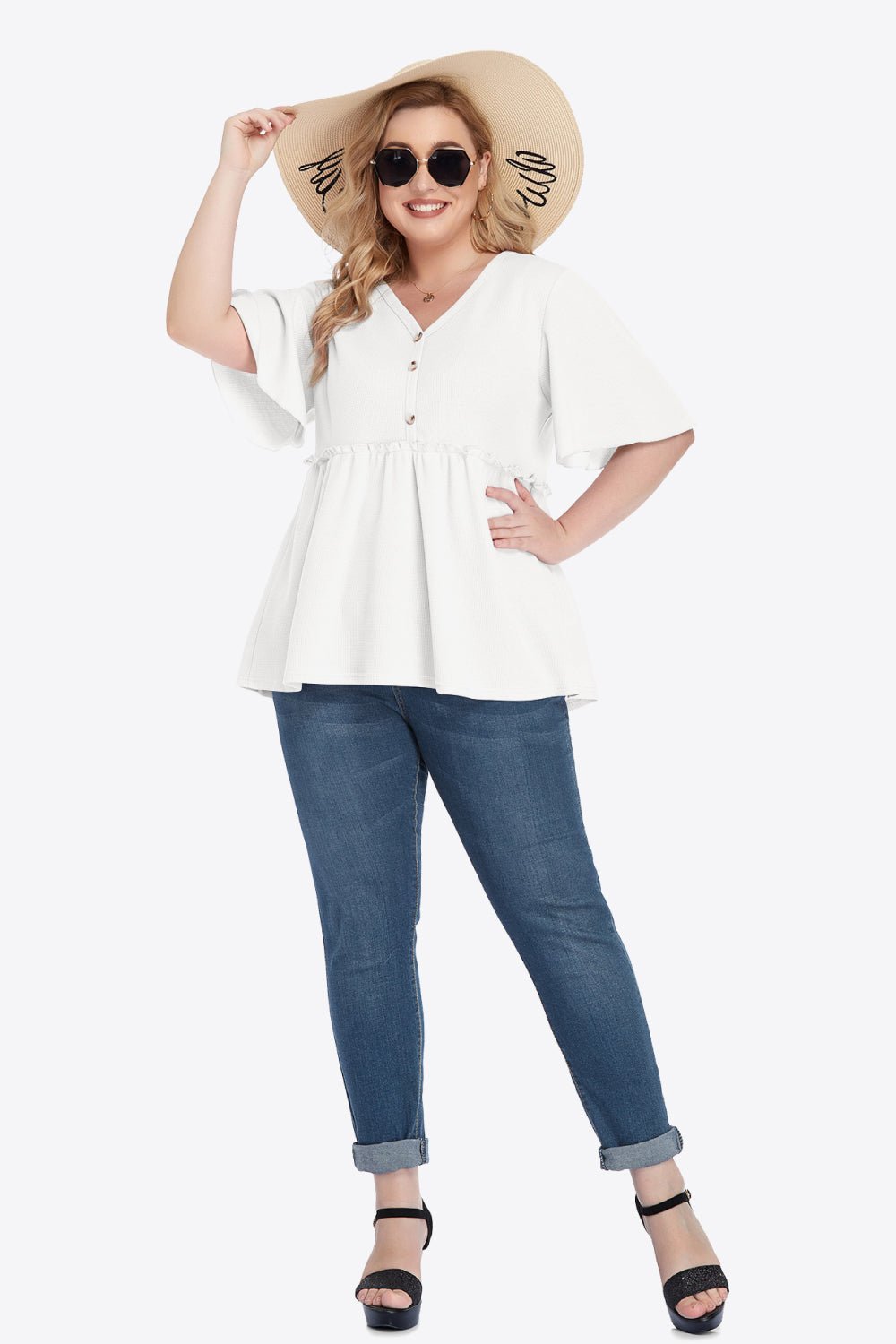V-Neck Frill Trim Babydoll Blouse - Quelle's BoutiQue