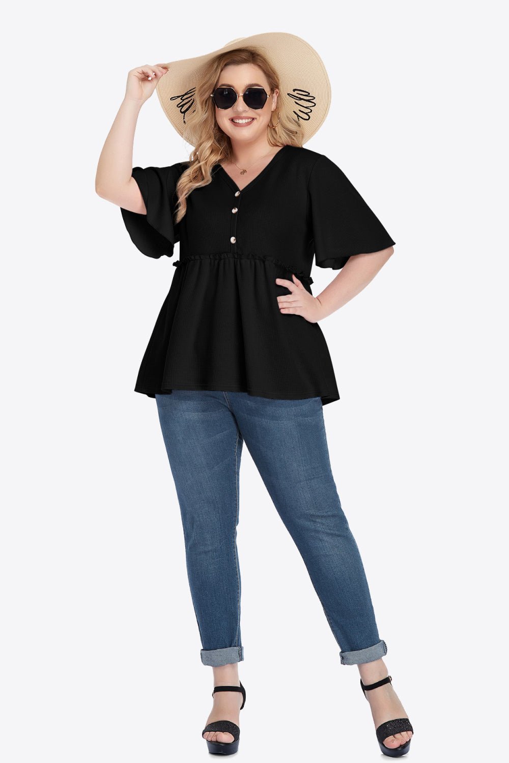 V-Neck Frill Trim Babydoll Blouse - Quelle's BoutiQue