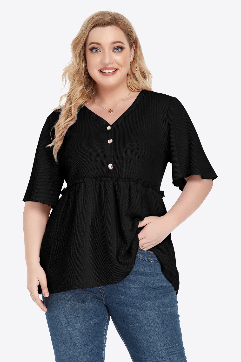 V-Neck Frill Trim Babydoll Blouse - Quelle's BoutiQue